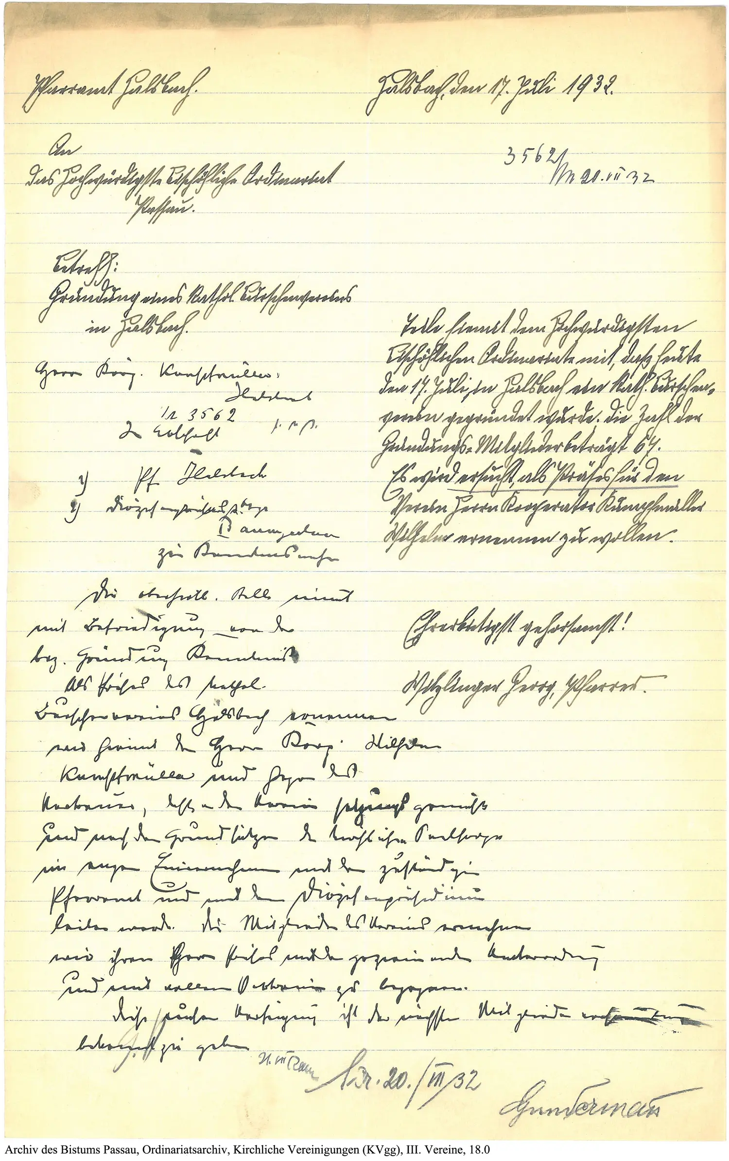 Handschriftlicher Brief des Pfarramts Halsbach an das Bischöfliche Ordinariat Passau vom 17. Juli 1932, mit der Antwort des Ordinariats auf derselben Seite